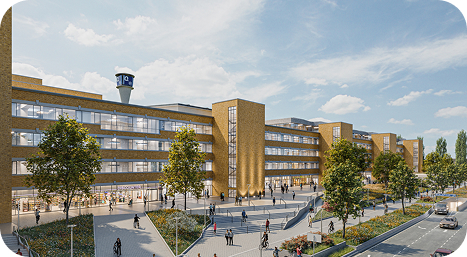 The Q Gebäude Nürnberg, Rendering des Gebäudes mit Bäumen und Personen vor blauem Himmel