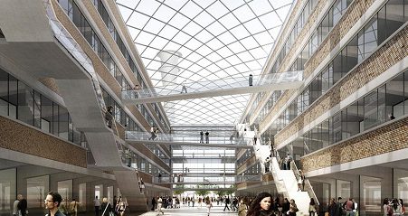 Rendering der Passage im Gebäudeinneren mit Menschen und Glasdach